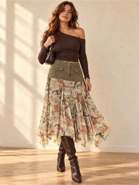 Vintage Y2K Olive Denim Floral Mesh Handkerchief Midi Cargo Skirt Sz 14-16